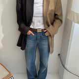 Pale plaid and chocolate brown speckered contrasted blazer