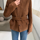 Double belted blazer in corduroy caramel