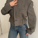 Black/white houndstooth cinched cropped blazer