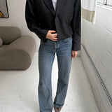Cinched waist cropped blazer in dark grey pinstriped