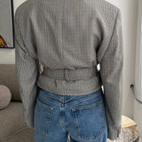 Belted blazer in Brown and blue houndstooth