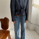 Belted blazer in blue checkered