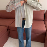 Brown and green pinstriped contrasted shirt