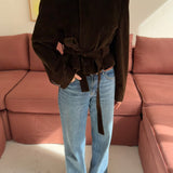 Belted blazer in brown corduroy