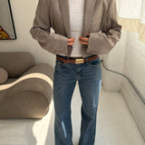 Cinched waist cropped blazer in textured pale grey
