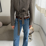 Belted blazer in Brown herringbone in thick wool