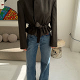 Belted blazer in dark olive green checkered