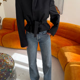 Belted blazer in dark blue with metallic buttons