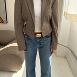 Cinched waist cropped blazer in Beige Checkered