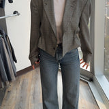 Plaid cinched cropped blazer