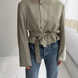 Belted blazer in pale green plaid