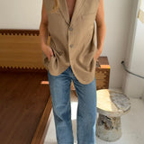 Button back vest in khaki pinstriped