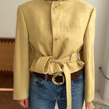 Pale Yellow checkered belted blazer (Ready to ship)