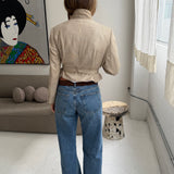 Belted blazer in beige patterned