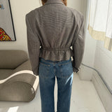 Cinched waist cropped blazer in white and blue houndstooth