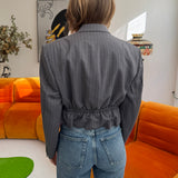 Pale grey pinstriped cinched waist cropped blazer