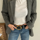 Grey and blue solid and plaid contrasted blazer