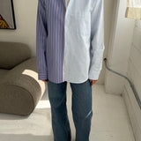 Purple with pink stripes and blue striped contrasted shirt
