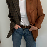 Cognac and chocolate plaid wool contrasted blazer