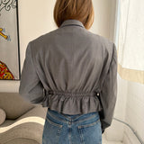 Cinched waist cropped blazer in solid grey