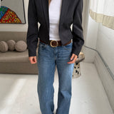 Cinched waist cropped blazer in dark grey pinstriped