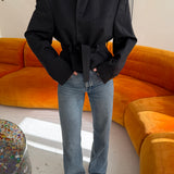Belted blazer in dark blue with metallic buttons