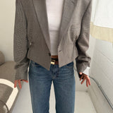 Cinched waist cropped blazer in white and blue houndstooth