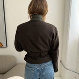 Belted blazer in green thick plaid