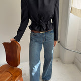 Belted blazer in Navy pinstriped