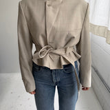 Light beige checkered belted blazer
