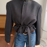 Belted blazer in Dark grey herringbone