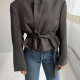 Belted blazer in dark hexagon pattern