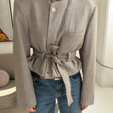 Belted blazer in Pale grey houndstooth