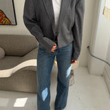 Cinched waist cropped blazer in grey with blue stripes