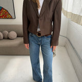 Cinched waist cropped blazer in brown Pinstriped