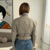 Belted blazer in light grey with white and blue checks