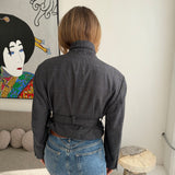 Belted blazer in grey houndstooth with blue overcheck