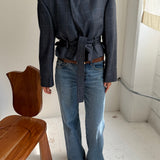 Belted blazer in blue checkered