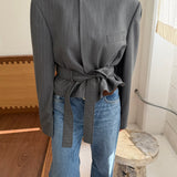 Belted blazer in Grey pinstriped