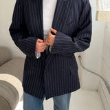 Double-breasted navy pinstriped button back blazer