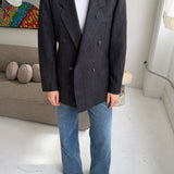 Black double-breasted with white specks blazer