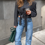 Belted cropped blazer in grey