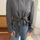 Belted blazer in Grey pinstriped