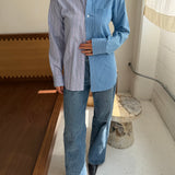 Blue with pink toned stripes and blue pinstriped contrasted shirt