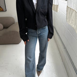 Black pinstriped Cinched waist cropped blazer