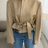 Belted blazer in pale yellow pinstriped