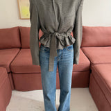 Belted blazer in Blue houndstooth