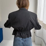 Cinched waist cropped blazer in grey pinstriped