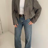 Black/white houndstooth cinched cropped blazer