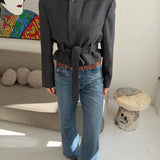 Belted blazer in grey houndstooth with blue overcheck